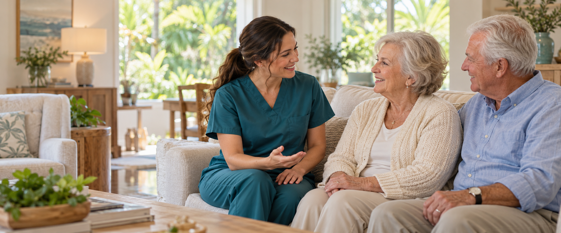 Illustrative home-care scene with a caregiver and senior couple